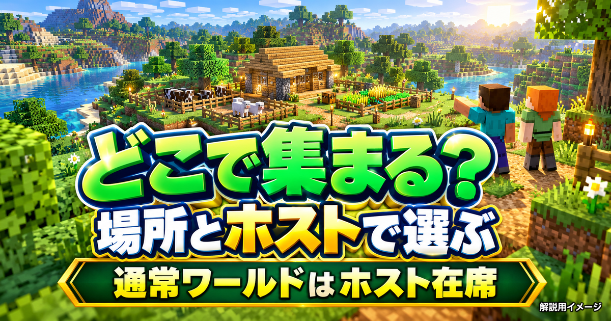 集まる場所とホストの在席からマイクラ統合版の遊び方を選ぶ解説用イメージ