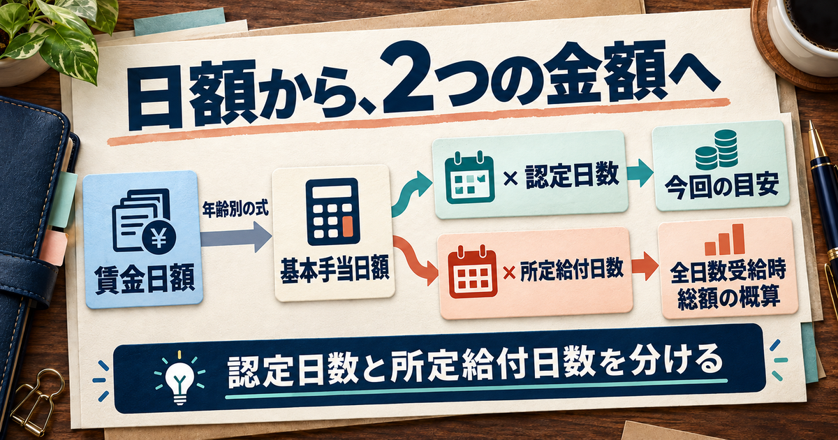 基本手当日額に認定日数または所定給付日数を掛ける二つの計算
