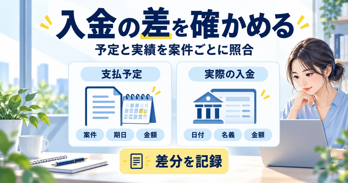 支払予定と実入金の案件・期日・名義・金額を照合して差分を記録する図