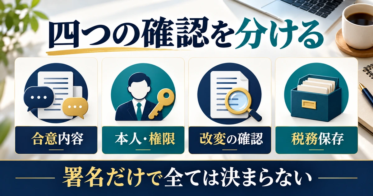 合意内容、本人・権限、改変の確認、税務保存を並列で整理する図