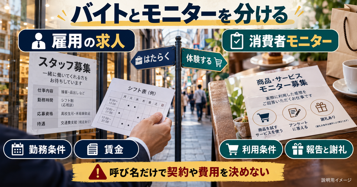 雇用の求人で確認する勤務条件と賃金、消費者モニターで確認する利用条件と報告・謝礼を分ける説明用イメージ