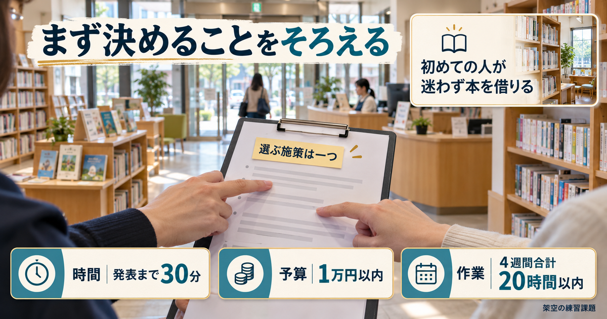 図書交流室の課題で一施策を選び、発表まで三十分、予算一万円、四週間合計二十時間の条件をそろえるイメージ