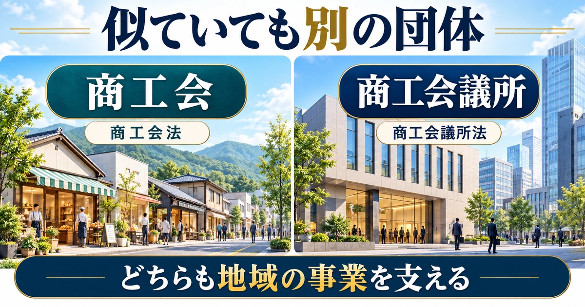 商工会は商工会法、商工会議所は商工会議所法に基づく別団体で、どちらも地域の事業を支える図
