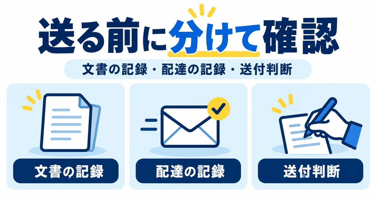 文書の記録、配達の記録、送付判断を分けて準備する概念図