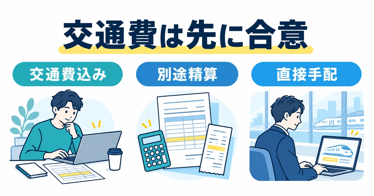 交通費込み、別途精算、依頼者の直接手配の三つの方法