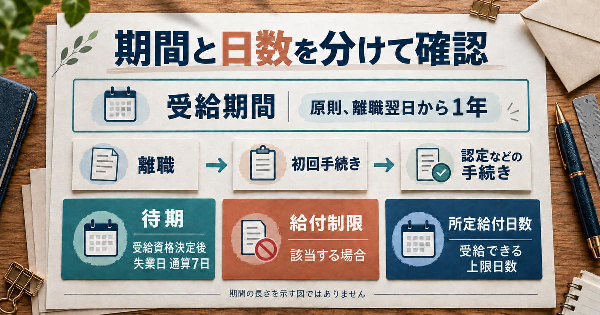 受給期間・所定給付日数・待期・給付制限を分けて見る概念図