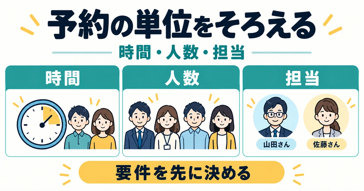 予約システムの要件を時間、人数、担当の三つに分けて考える図