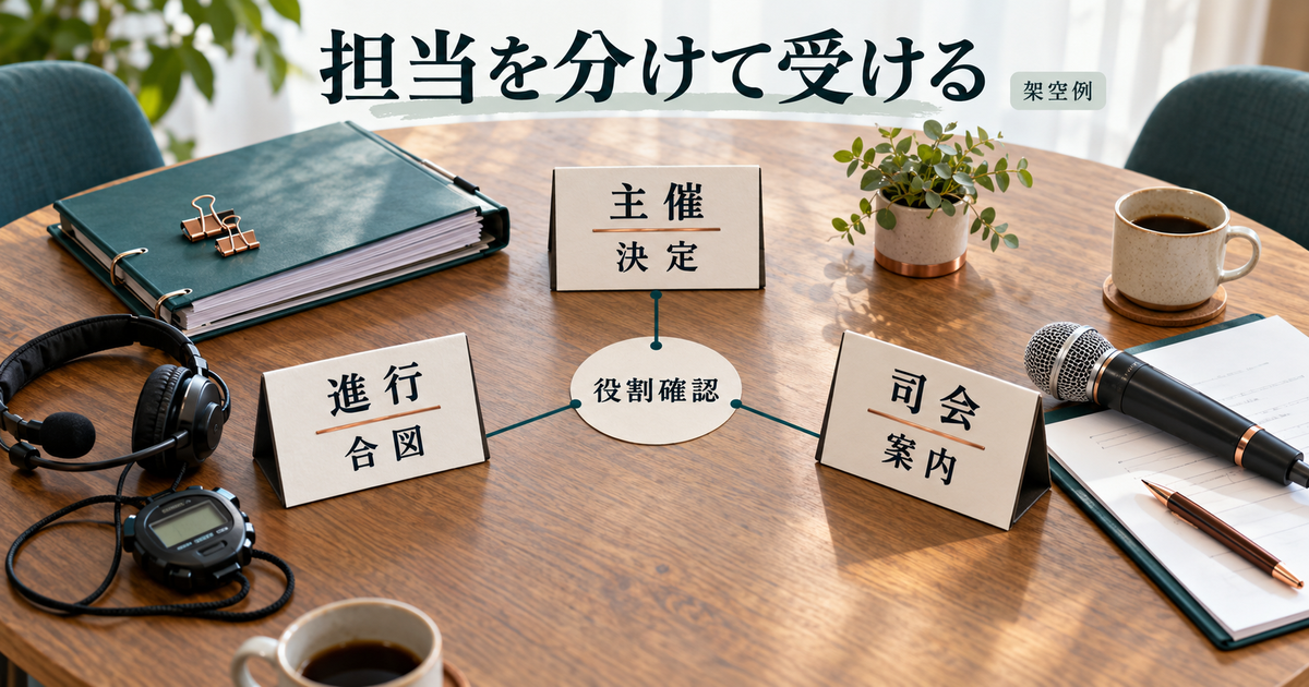 主催は決定、進行は合図、司会は案内という役割分担を示すAI生成のイメージ