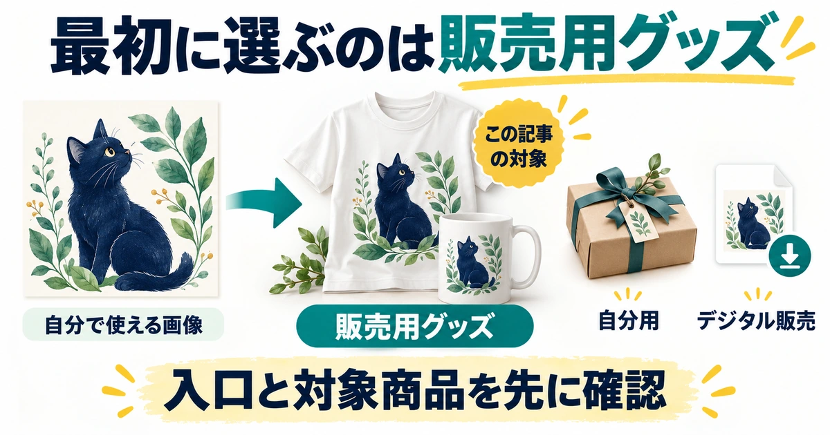 自分で使える画像から販売用グッズへ進み、自分用とデジタル販売は別に扱う図