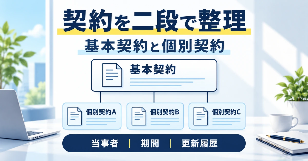 基本契約と個別契約を二段に並べ、当事者・期間・更新履歴を確かめる図