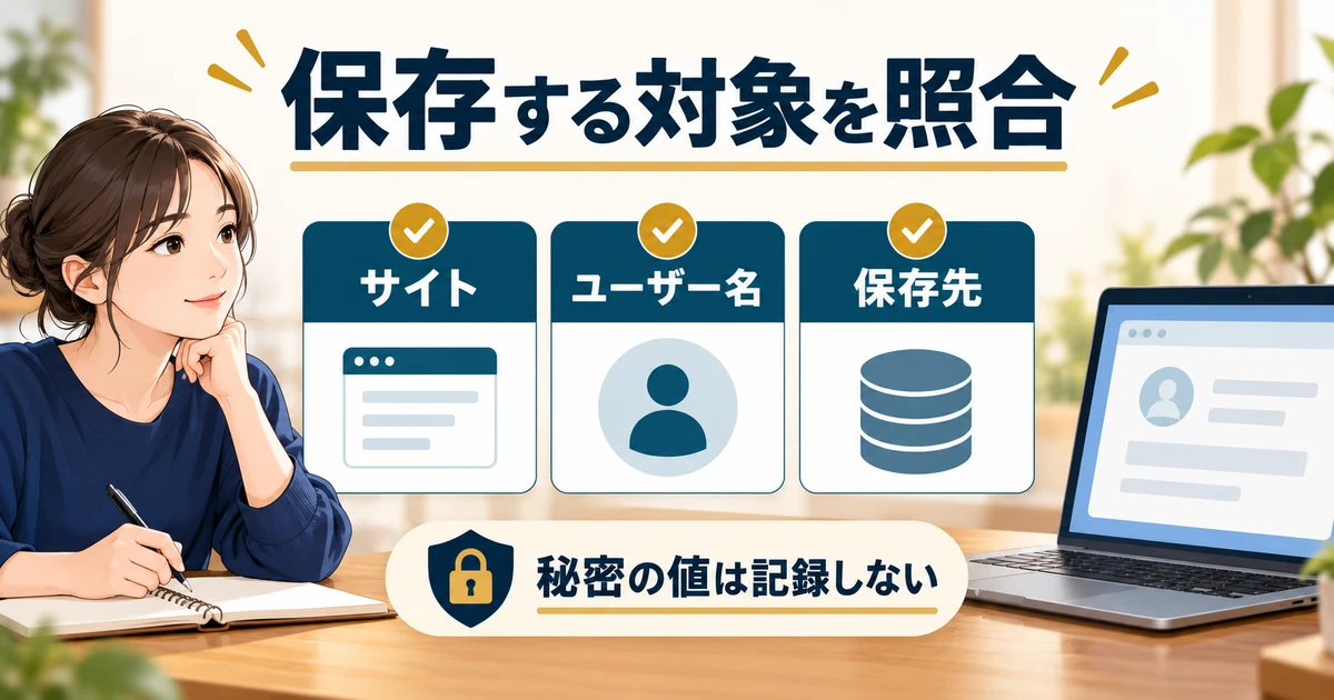 サイト、ユーザー名、保存先の三項目を照合し、秘密の値を記録しない保存前点検