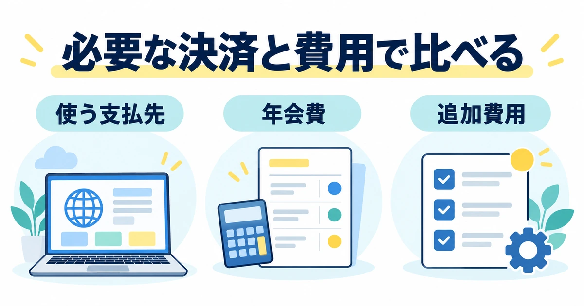 使う支払先、年会費、追加費用を並べて比較する図
