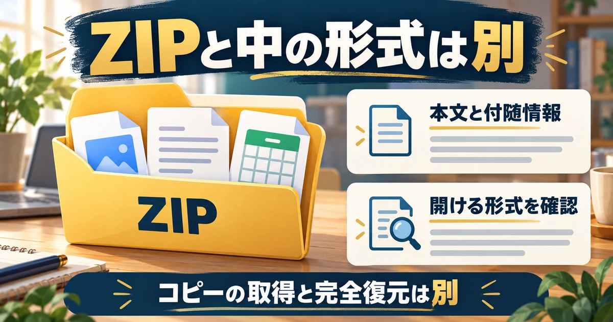 ZIPという外側のまとまりと中の資料形式を分け、コピーと完全復元を区別する図