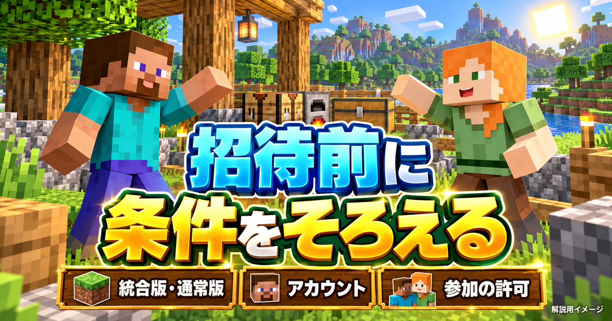 招待前に統合版の通常版、アカウント、参加の許可を確認する三つの準備項目