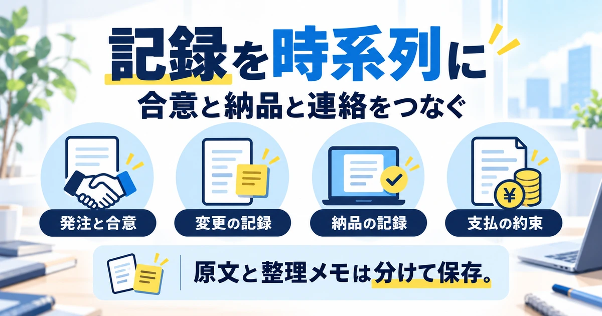 発注と合意、変更、納品、支払の約束を記録し原文と整理メモを分ける図
