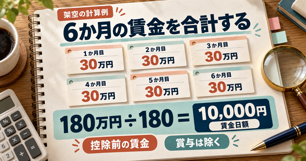 架空の各月30万円を6か月合計し180で割る賃金日額の計算例