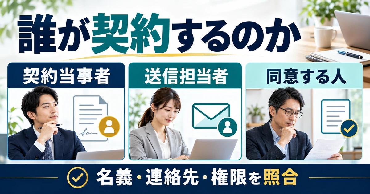 契約当事者、送信担当者、同意する人の三つの役割を照合する図