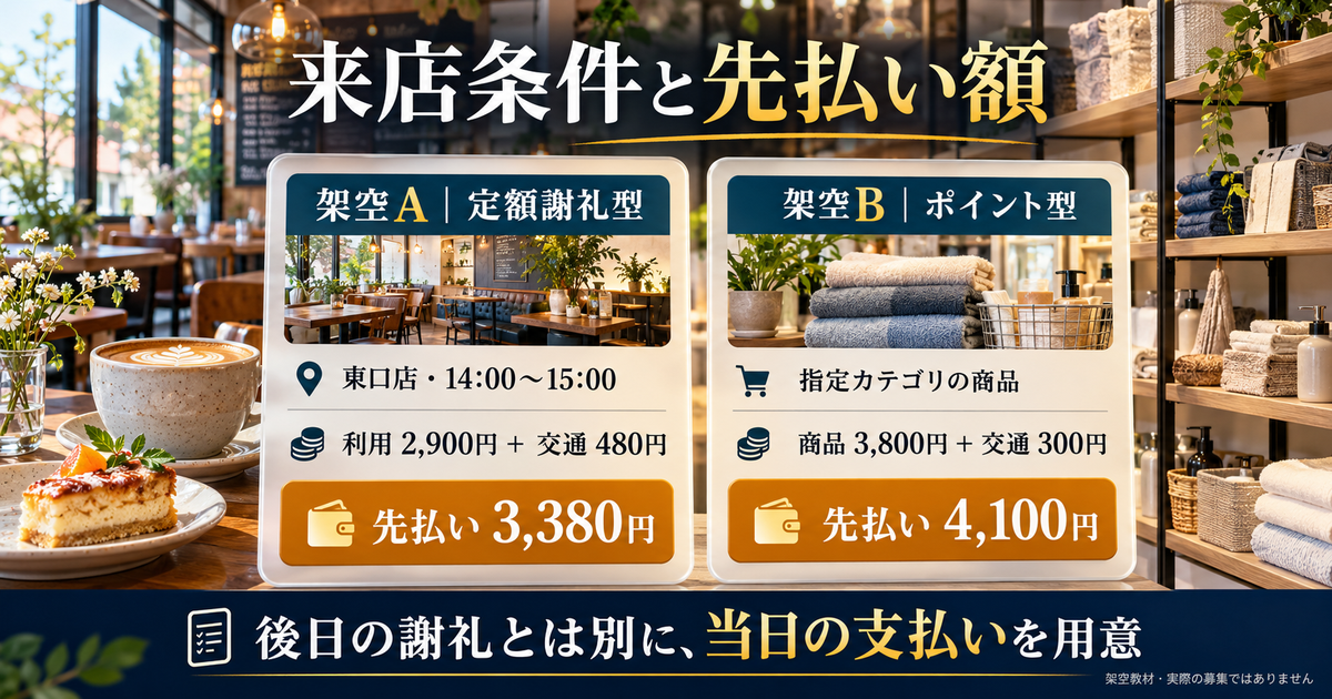 架空Aの先払い3,380円と架空Bの先払い4,100円を、後日の謝礼と分けて確認する図