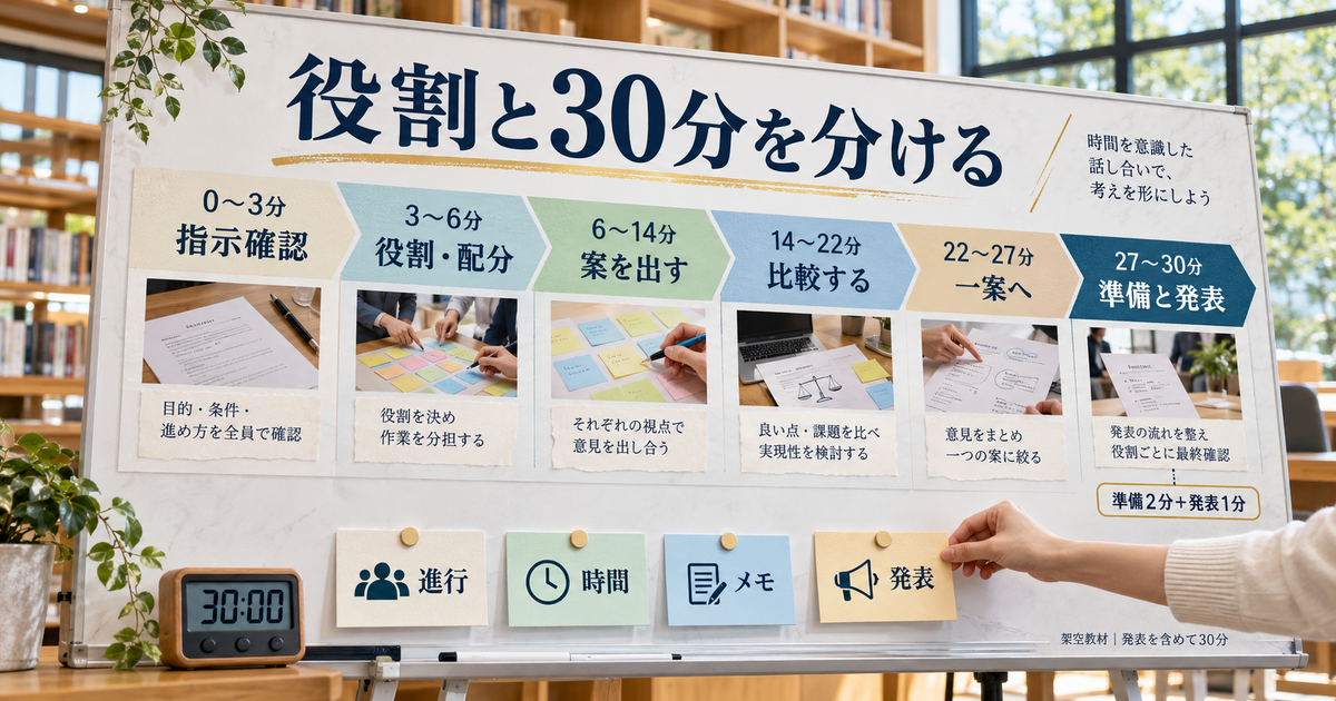 開始から三十分を六区間に分け、最後に発表準備二分と発表一分を確保する練習用の時間表