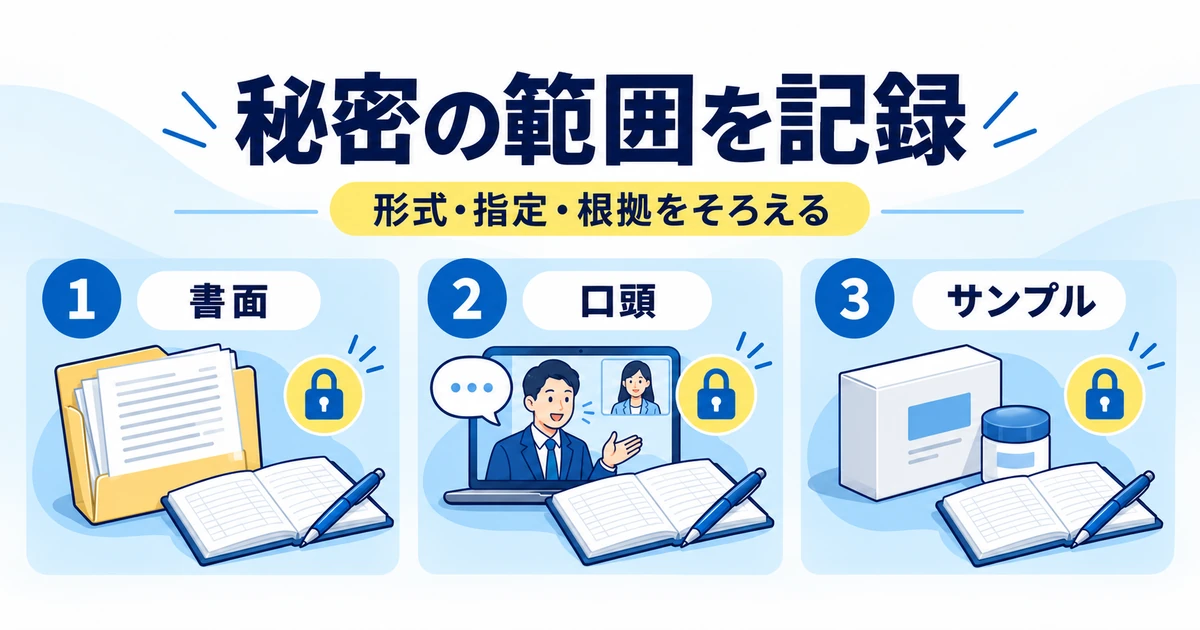 書面、口頭、サンプルごとに秘密指定の方法を台帳へ整理する図