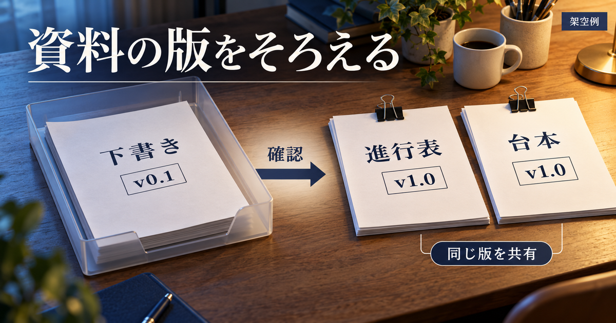下書きv0.1と確認済みv1.0を分け、進行表と台本の版をそろえるAI生成のイメージ