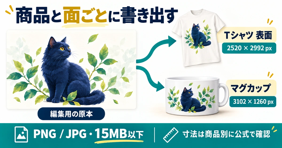 編集用の原本からTシャツ表面2520×2992ピクセルとマグカップ3102×1260ピクセルへ商品別に書き出す図