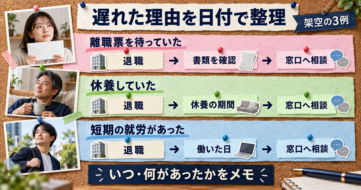 申請が遅れた理由と日付を時系列でまとめる例