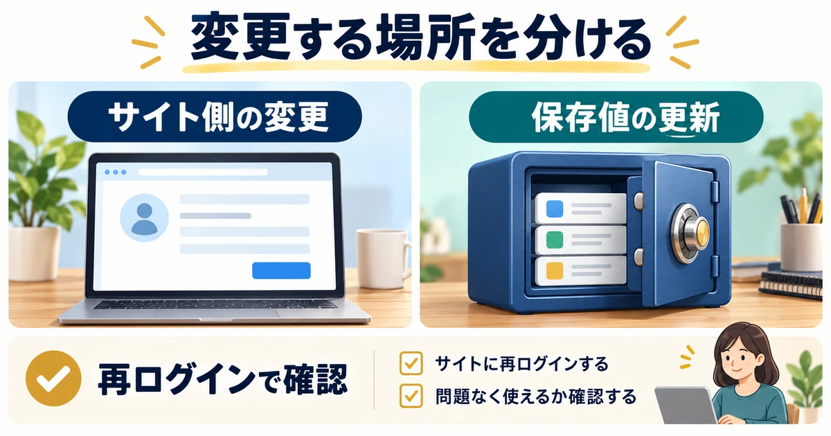 サイト側のパスワード変更と保存値の更新を分け、再ログインの結果を別に確認する図