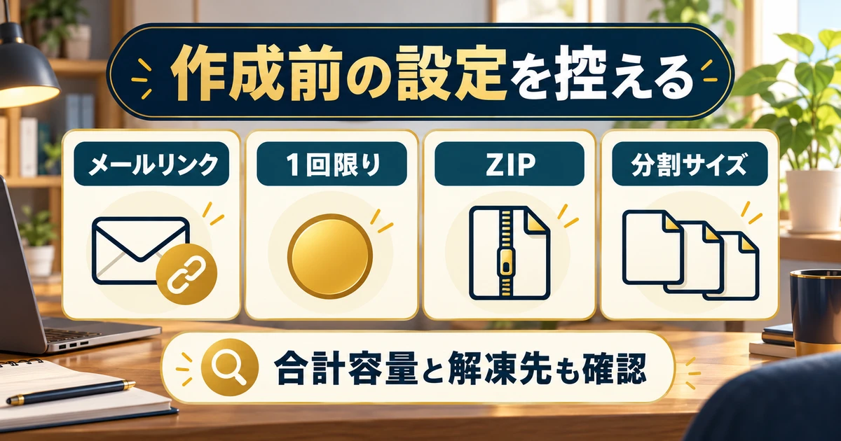 メールリンク、一回限り、ZIP、分割サイズの設定と、合計容量や解凍先を確認する図