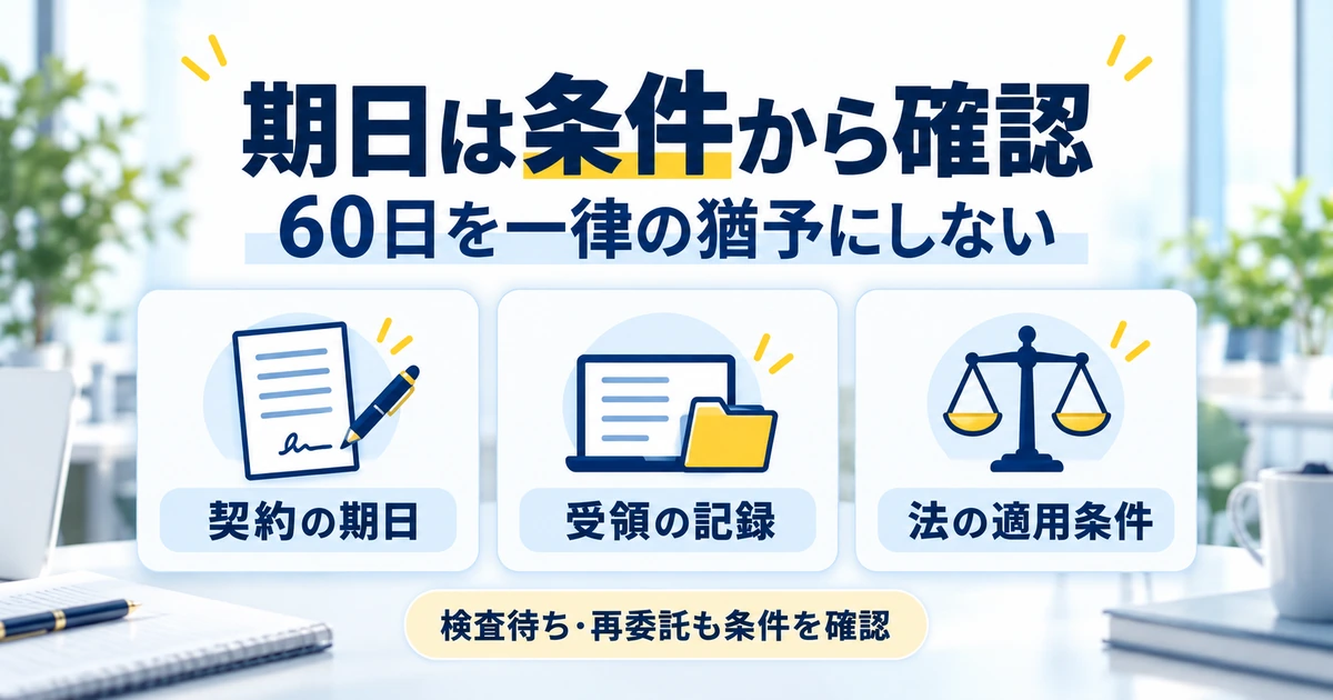 契約の期日、受領の記録、法の適用条件を並べ60日を一律の猶予にしない確認図