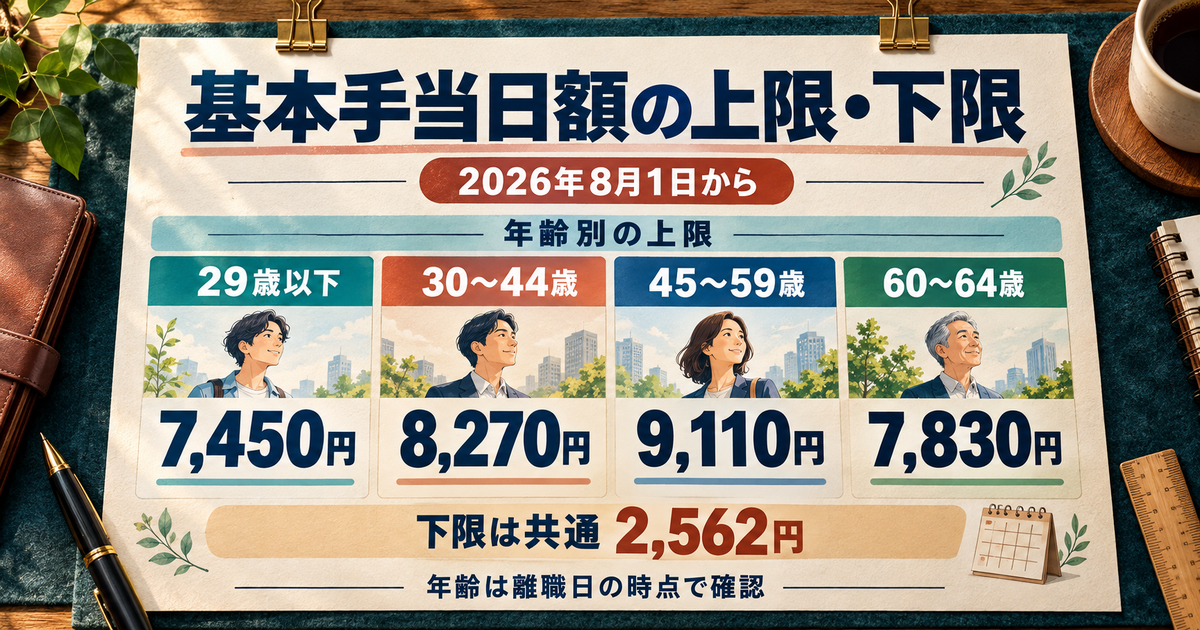 2026年8月1日からの年齢別基本手当日額の上限と共通の下限