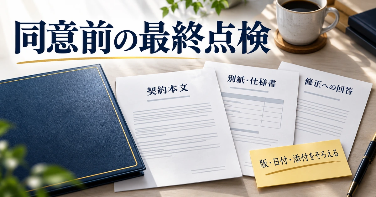 契約本文、別紙・仕様書、修正への回答をそろえ、版と日付を確認する図