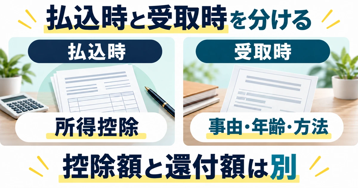 払込時の所得控除と、事由・年齢・方法によって変わる受取時の税務を分けた図