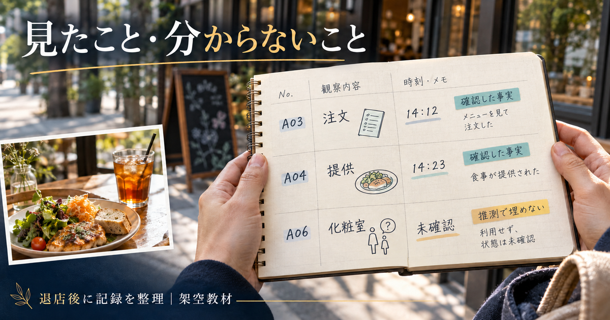 退店後に架空Aの注文14時12分、食事提供14時23分、化粧室の状態未確認を整理する説明図