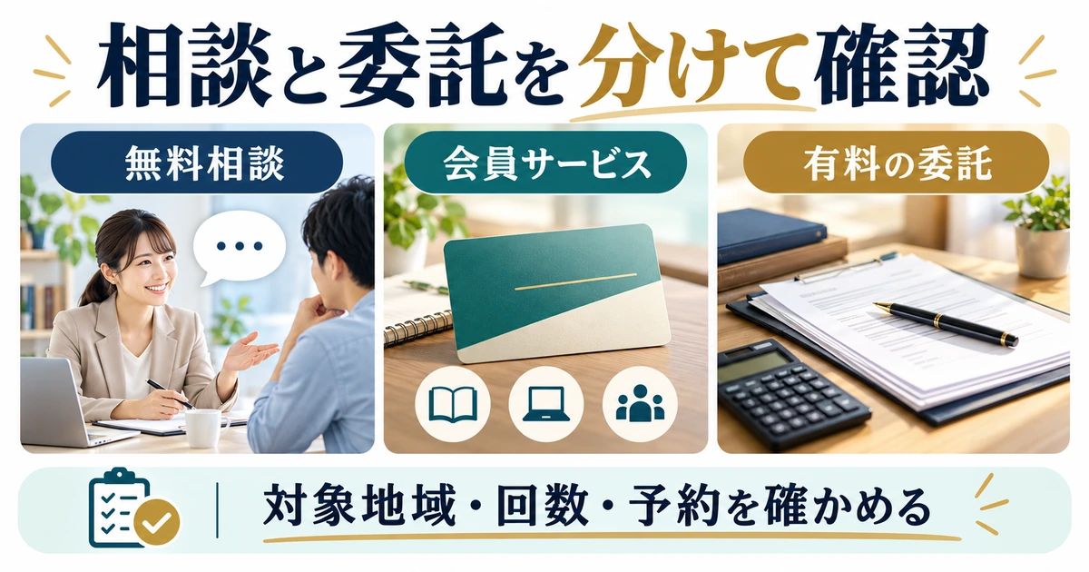 無料相談、会員サービス、有料委託を分け、対象地域・回数・予約を確認する図