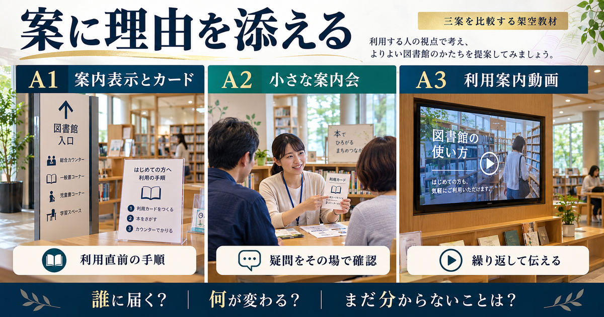 入口の表示と手順カード、小さな案内会、利用案内動画の三案を並べ、届く人と未確認の点を考えるイメージ