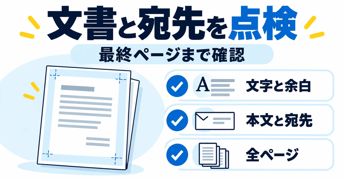 文字と余白、本文と宛先、全ページを点検する概念図