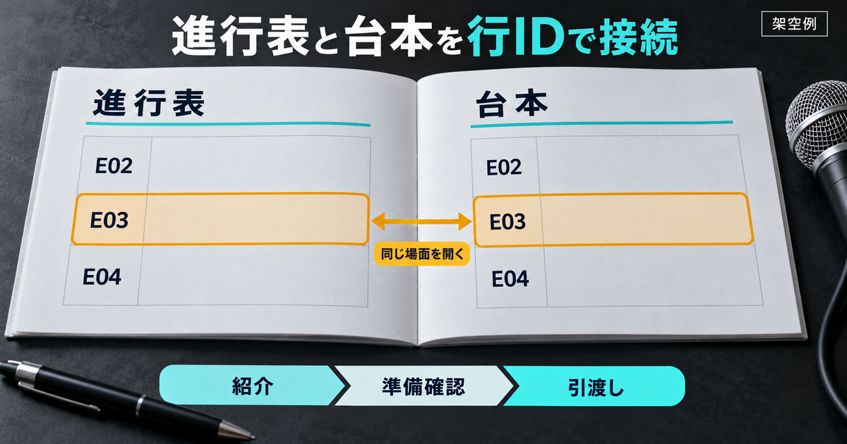 進行表と台本をE03などの同じ行IDで結び、発話と引渡しを対応させるAI生成のイメージ