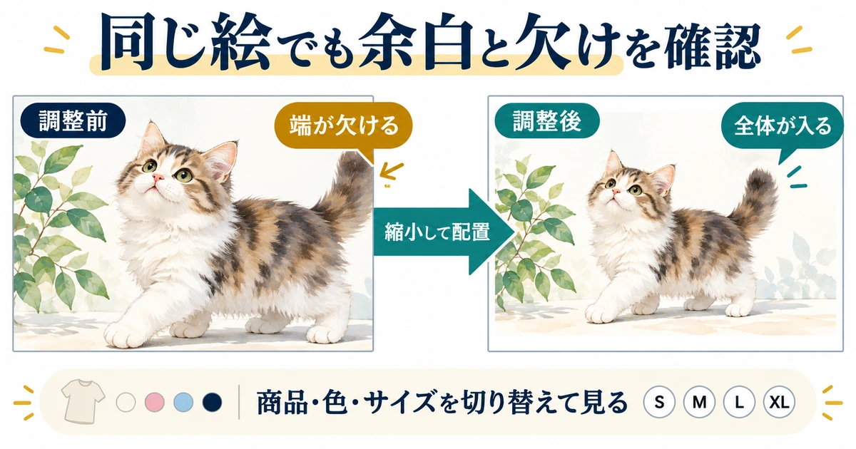 印刷範囲から猫の尾が欠ける調整前と、縮小して全体を収めた調整後の比較