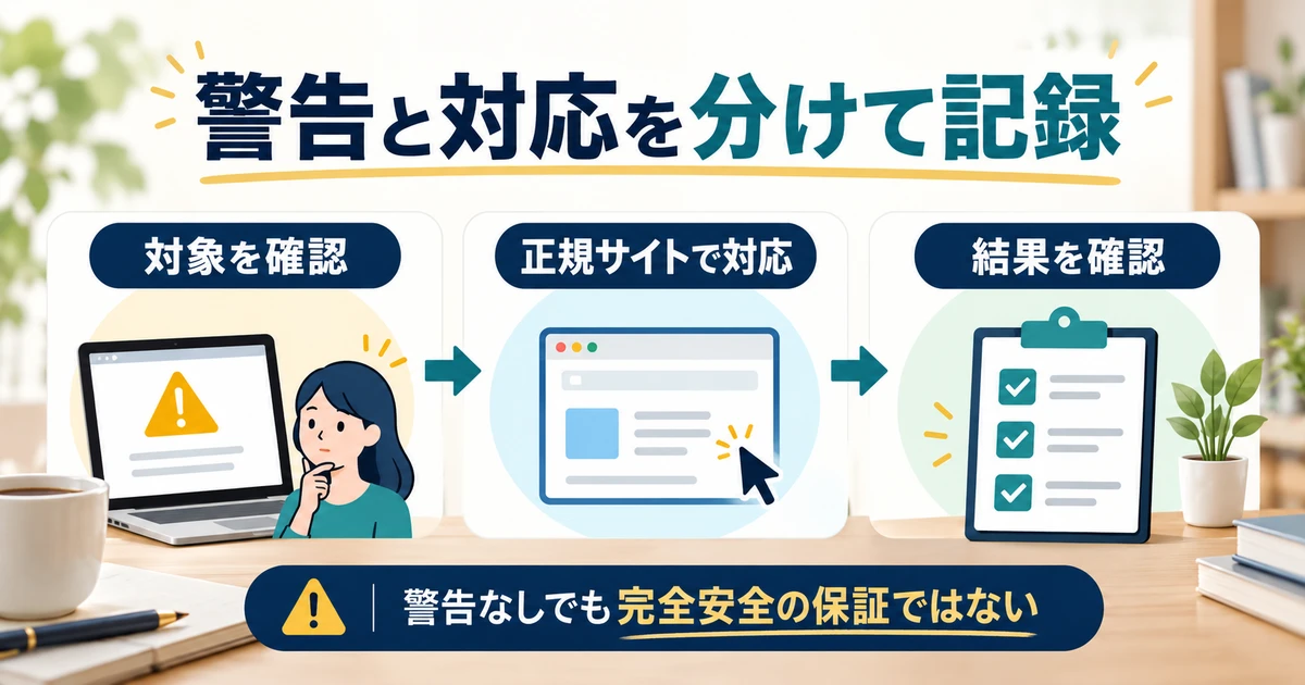 対象確認、正規サイトでの対応、結果確認の順に警告へ対応し、無警告を完全安全の保証としない図