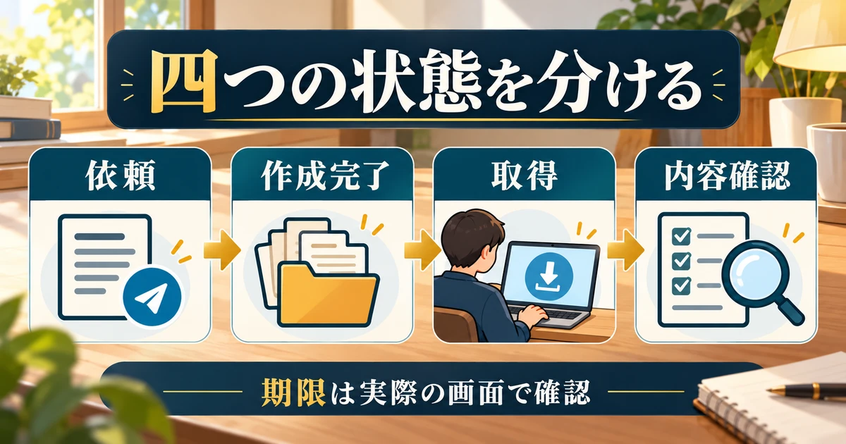依頼、作成完了、取得、内容確認の四段階を分け、期限を実際の画面で確認する図