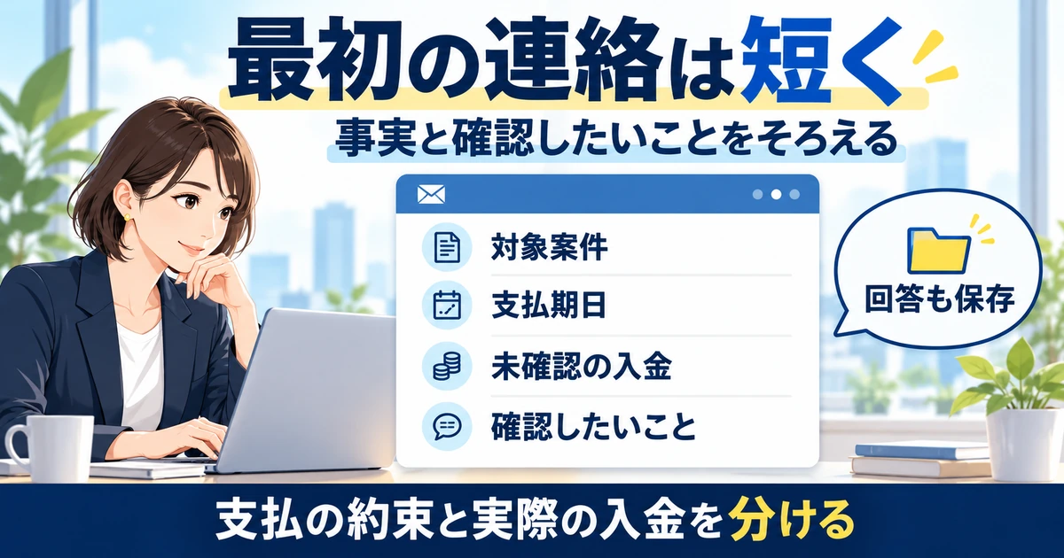 最初の連絡に対象案件、支払期日、未確認の入金、確認事項をまとめる図