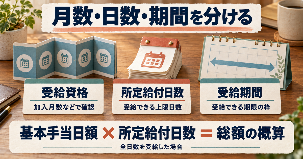 受給資格の加入月数、所定給付日数、受給期間の違いと総額の概算