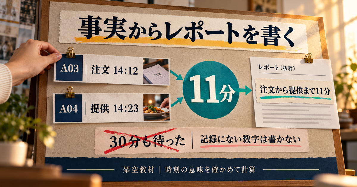 架空Aの注文と提供の記録から11分を計算し、記録にない30分という断定を直す添削図