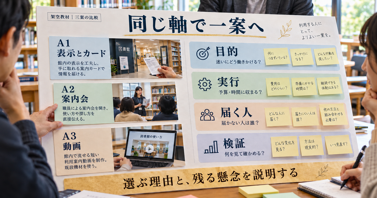 三案を目的、実行、届く人、検証の四つの観点で比べ、選ぶ理由と残る懸念を整理するイメージ