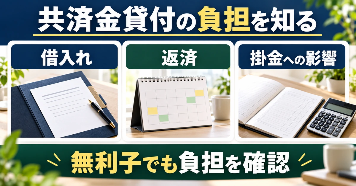 共済金貸付の借入れ、返済、掛金への影響を並べ、無利子でも負担を確認する図