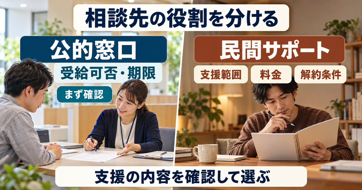公的窓口での確認と民間サポートの比較項目を分ける図