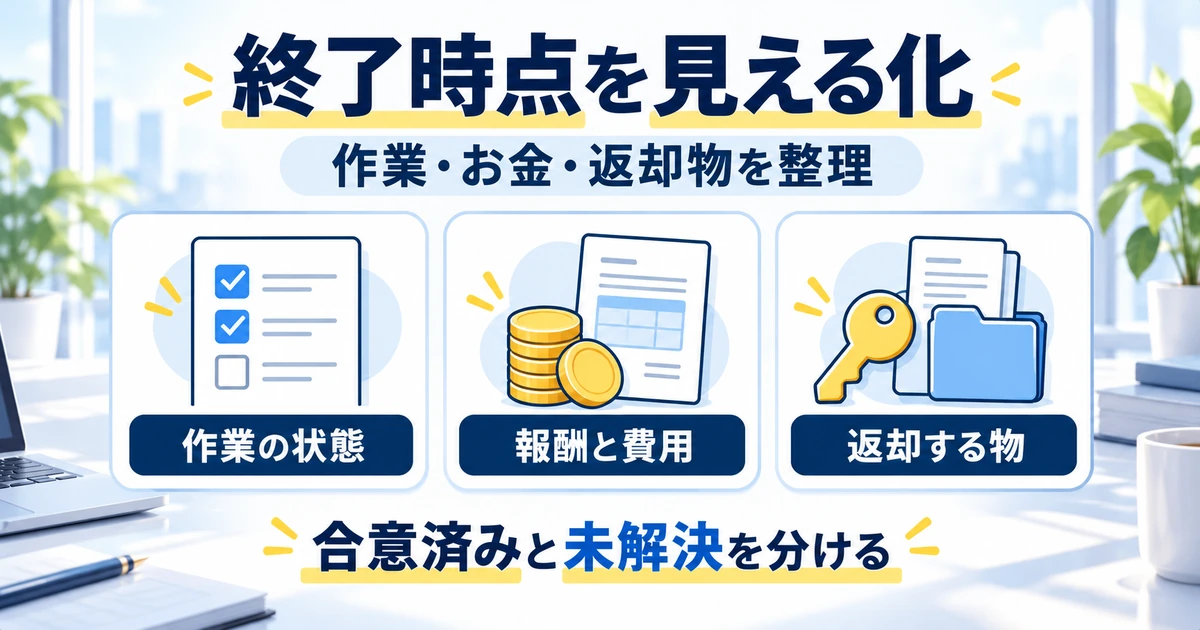 作業の状態、報酬と費用、返却する物を並列に整理する図