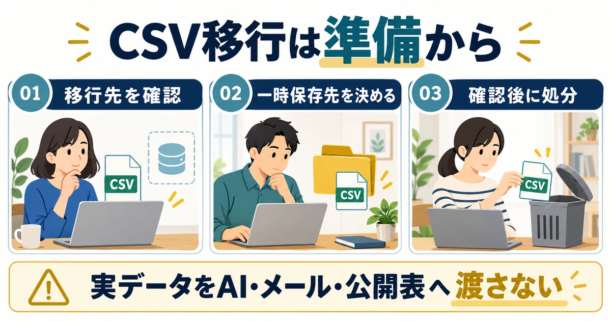 移行先、一時保存先、確認後の処分を準備し、実CSVをAIやメールや公開表へ渡さない図