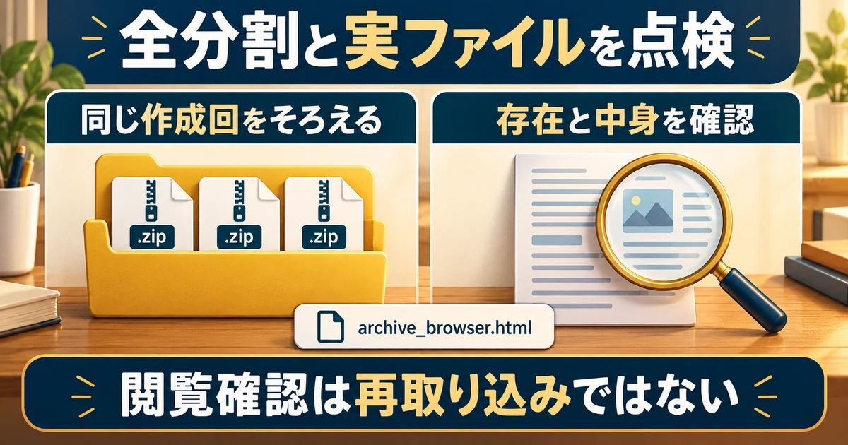同じ作成回の全分割をそろえ、archive_browser.htmlと実ファイルで存在と内容を確認する図